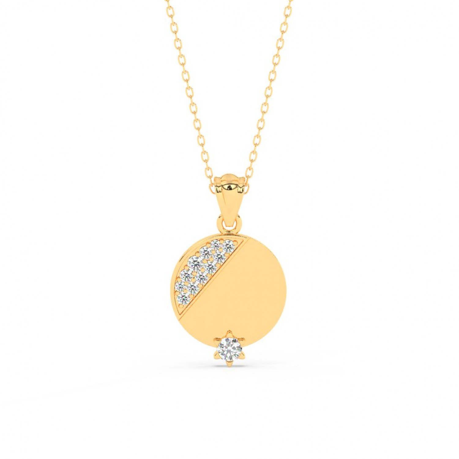 Gold Zircon Studded Disk Pendant With Link Chain