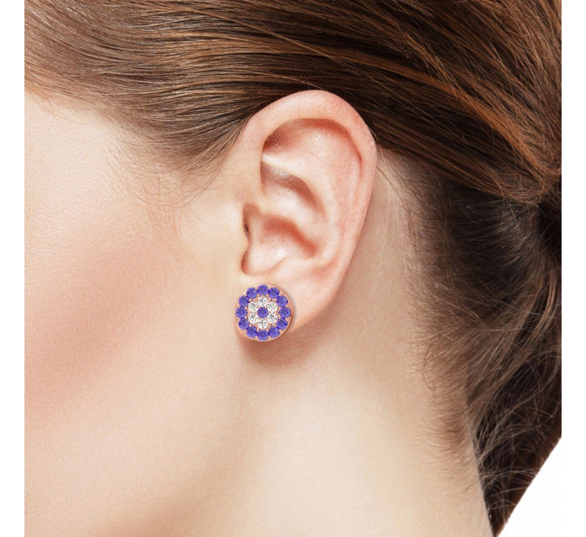 Rose Gold Radiant Blue With Zircon Disk Earrings