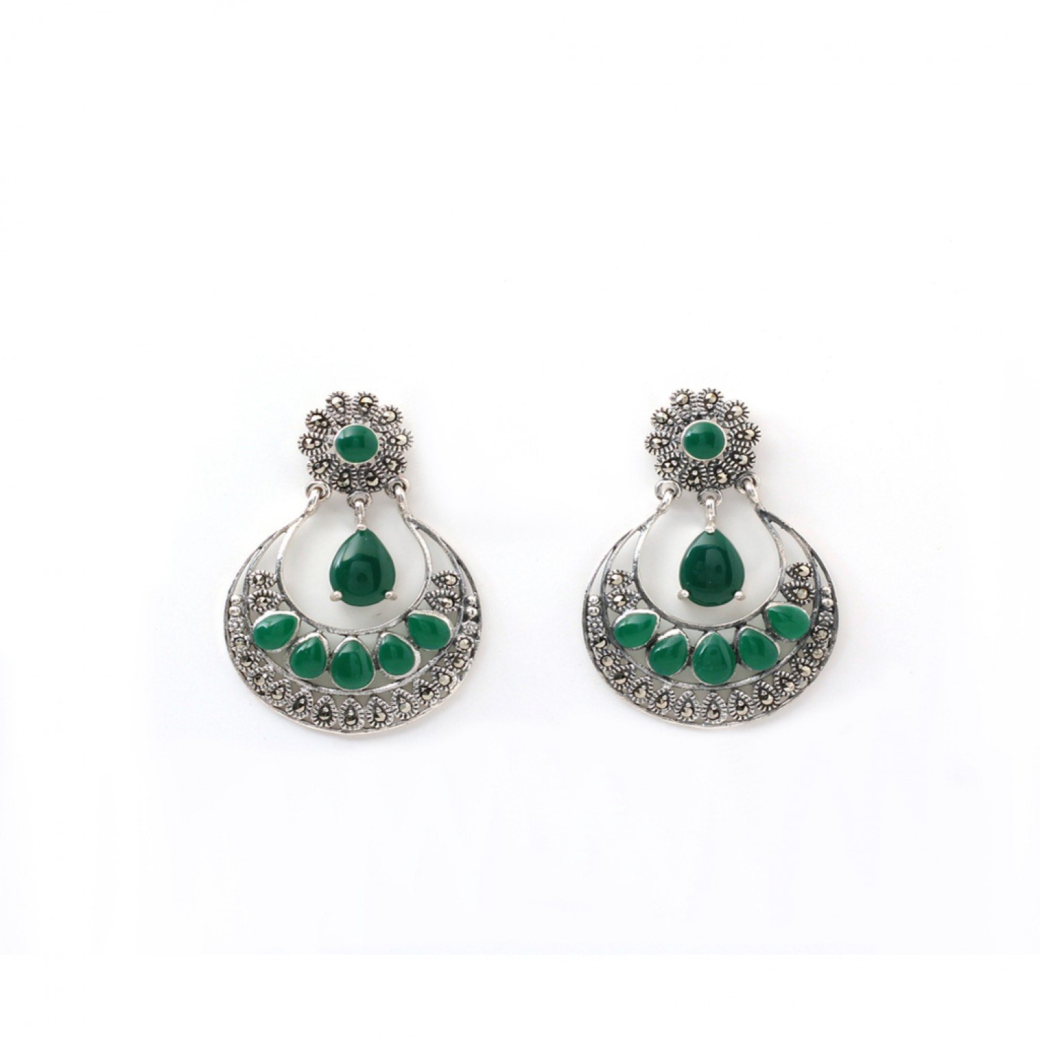 Silver Oxidised Youbella Green Stone Earrings