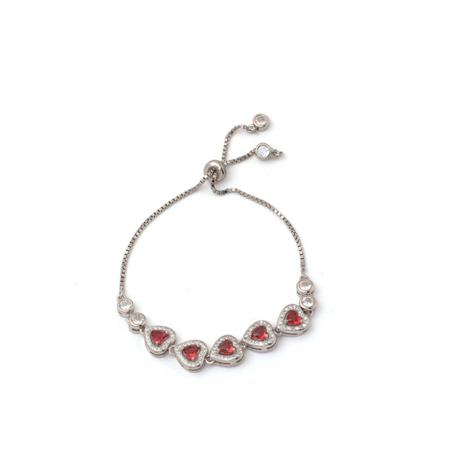 Silver Fancy Heart Shaped Red Stone Bracelet